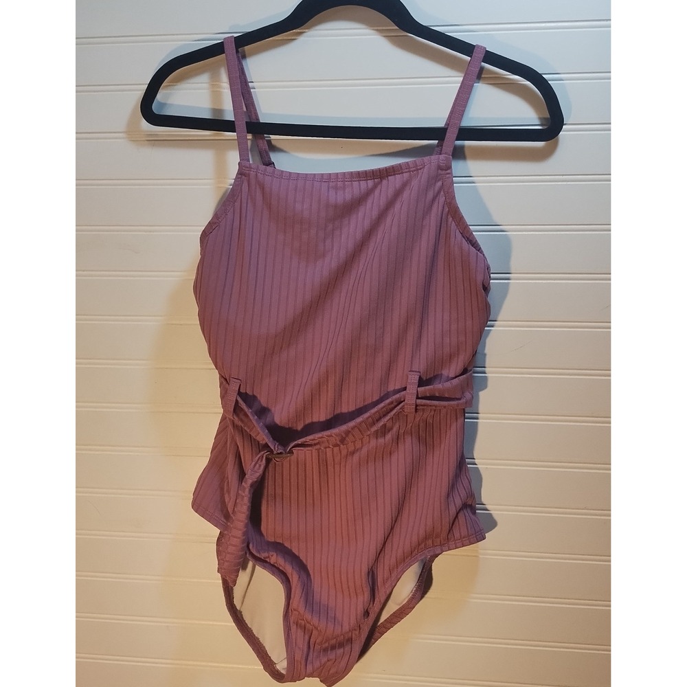 Aqua Couture Ribbed Belted One Piece Swimsuit Mauve Pink Sz M Textured Tortoise